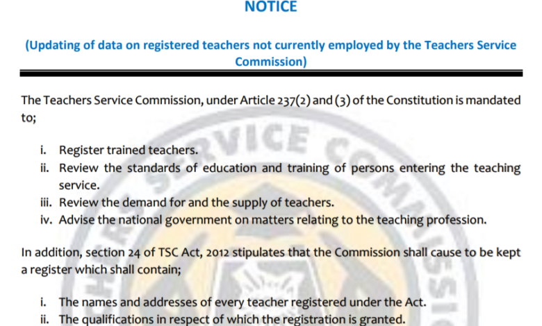 TSC Circular on Updating of data on registered teachers not currently employed by the Teachers Service Commission