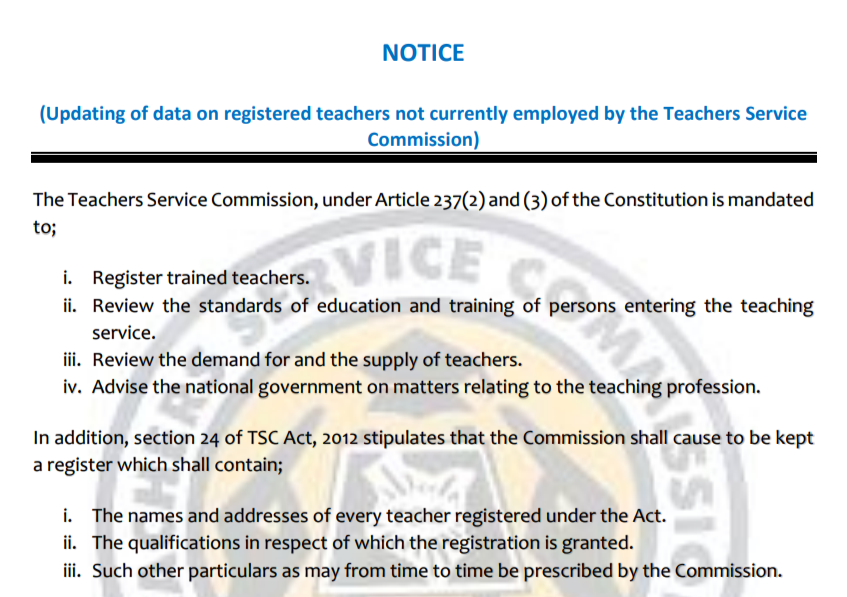 TSC Circular on Updating of data on registered teachers not currently employed by the Teachers Service Commission
