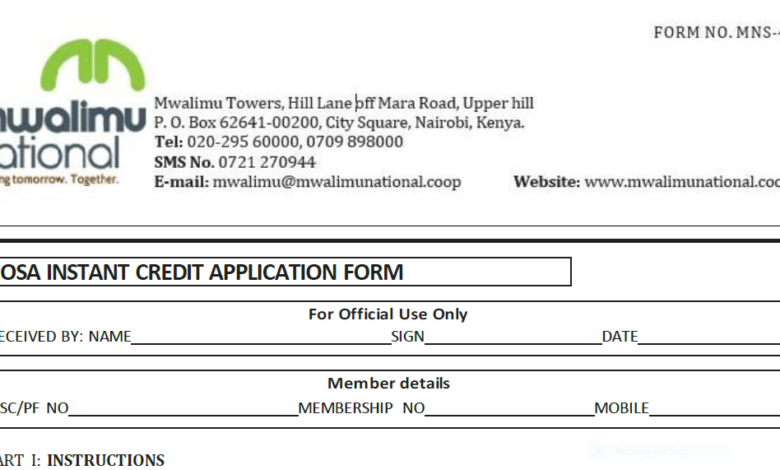 Mwalimu National Sacco FOSA Instant Loan Application Form {Free Download}
