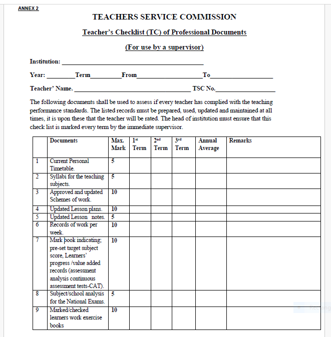 Latest TPAD Teacher’s Checklist of TSC Professional Documents