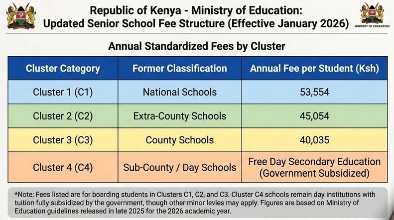Annual Standardized Fees For All Senior Schools' Categories in Kenya.