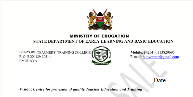 Bunyore TTC's Admission Letter